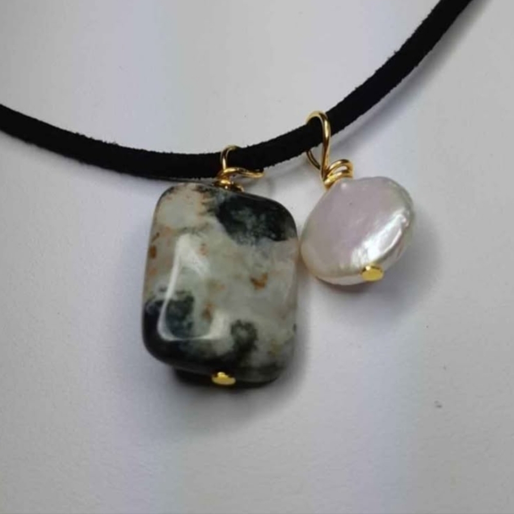 Dark Green Jasper and Genuine Coin Pearl Wire Wrap Necklace